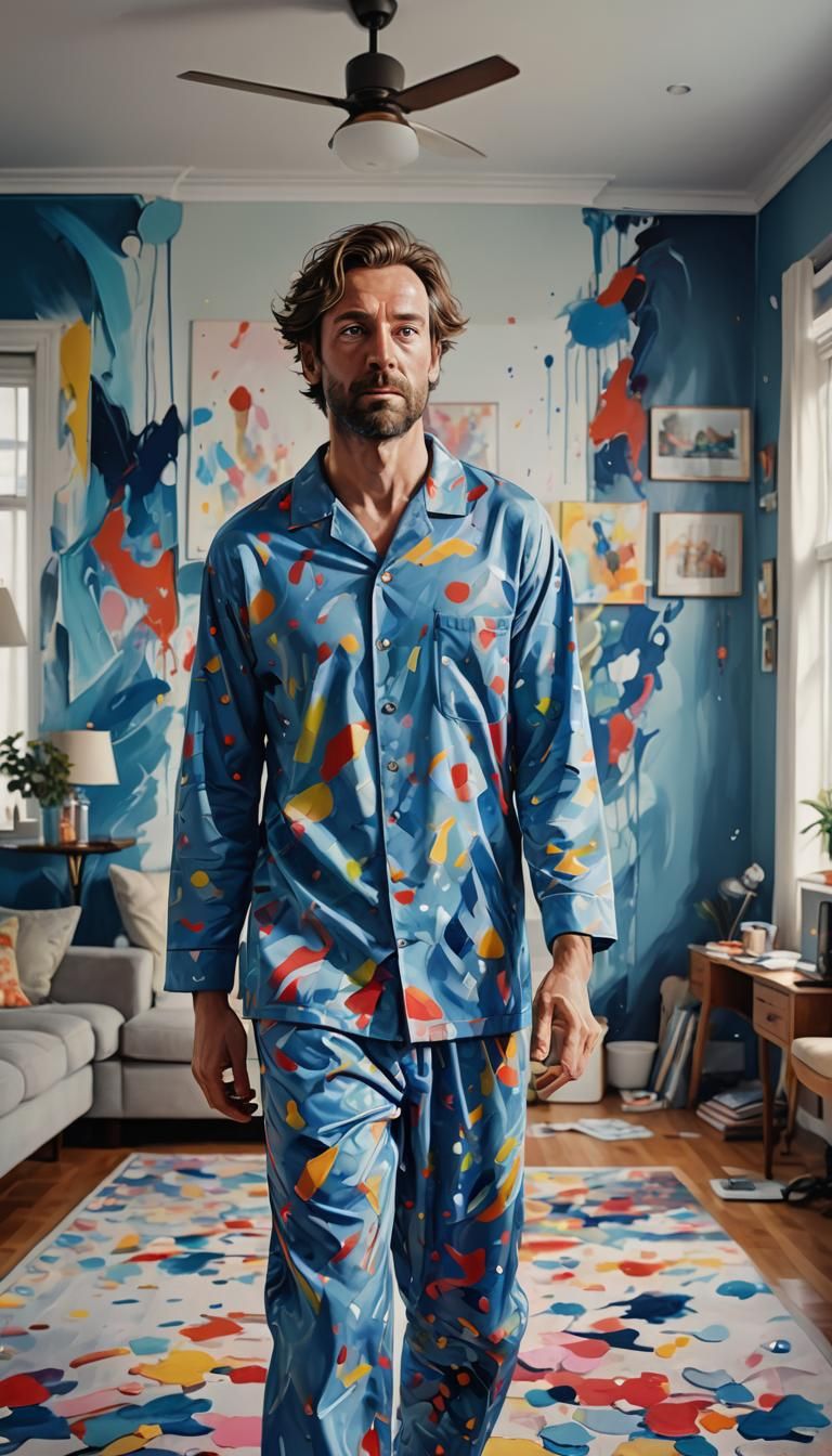 Man in Blue Pajamas: Hyper-Realistic Digital Painting