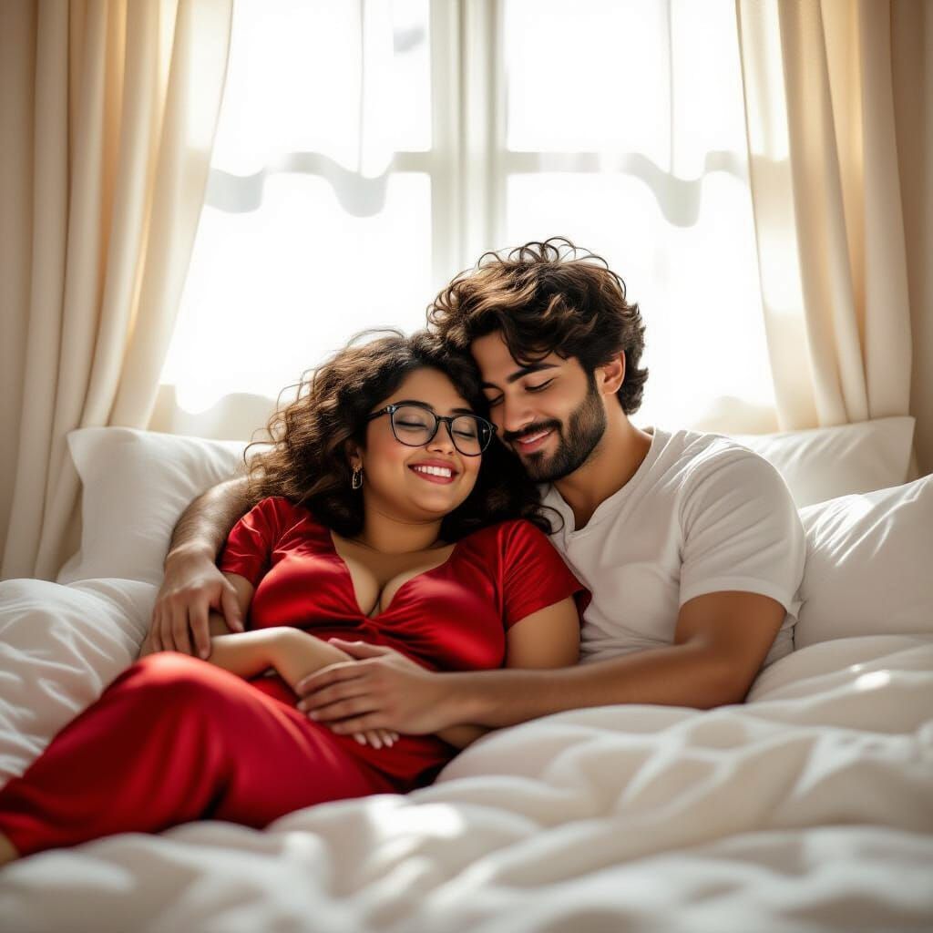 Cozy Indian Couple Cuddle in Sunlit Room