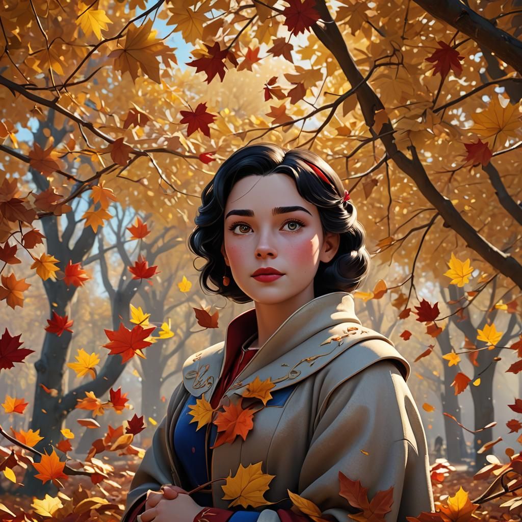 Snow White Collects Autumn Leaves in Impressionist Forest