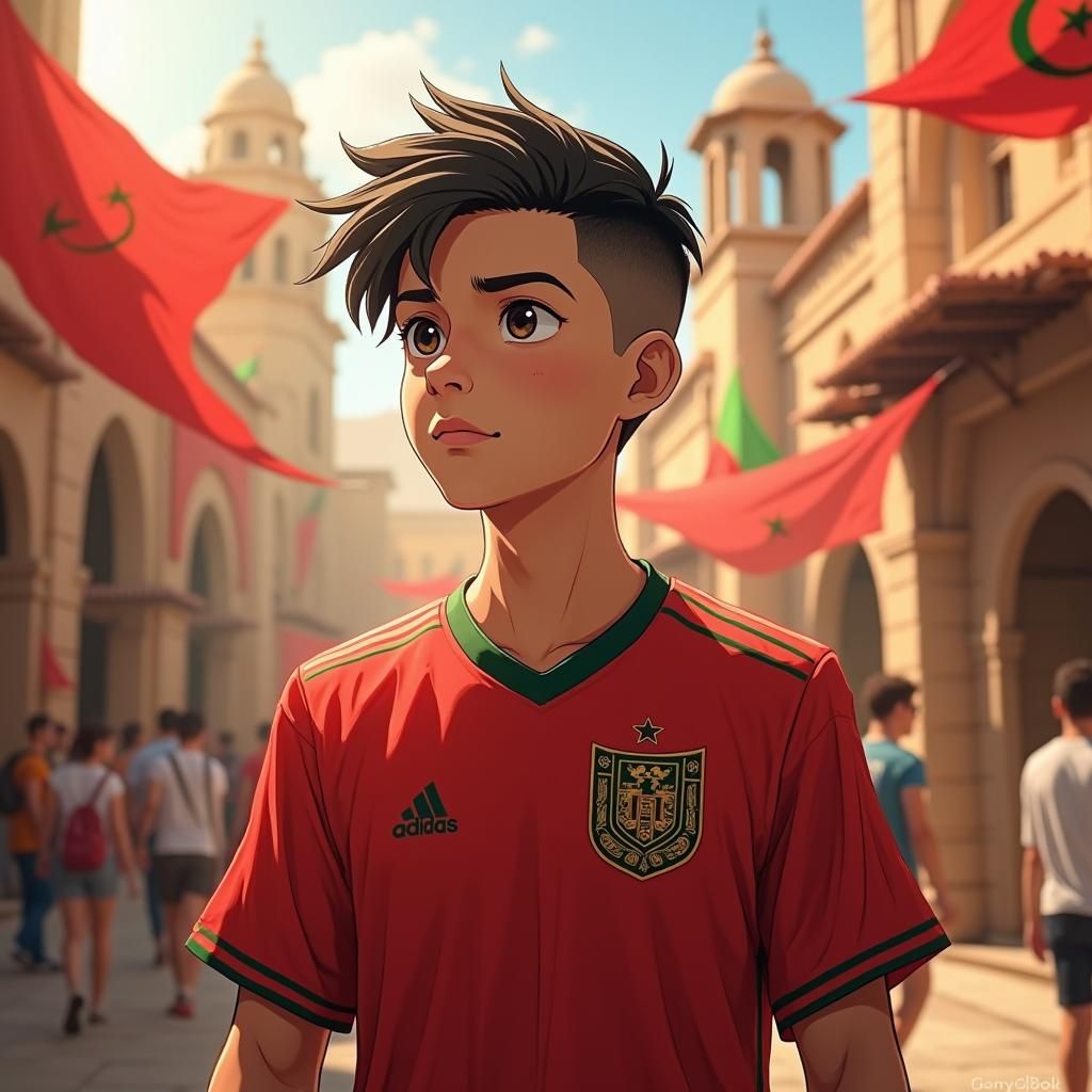 Young Moroccan Football Fan in Anime Art Style