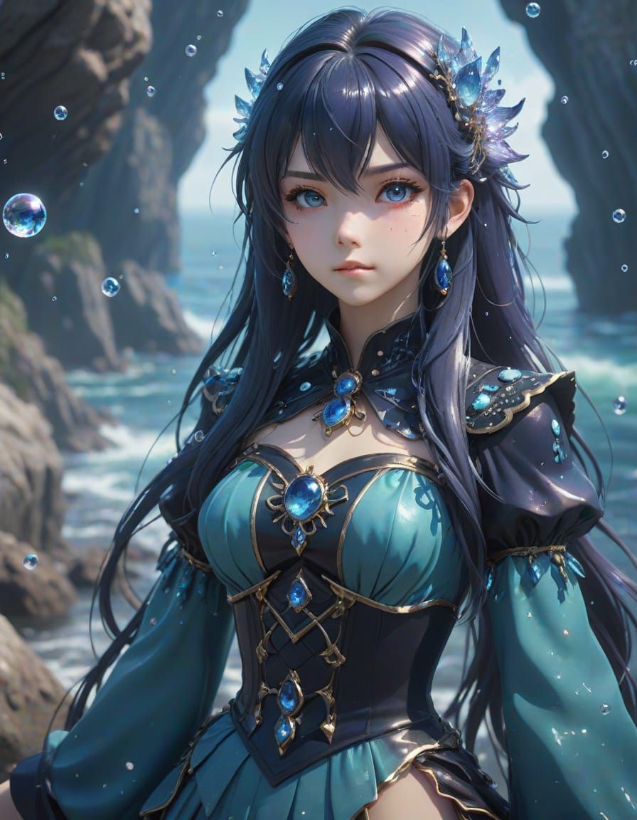 Anime Sea Witch on Rocky Shore in 3D