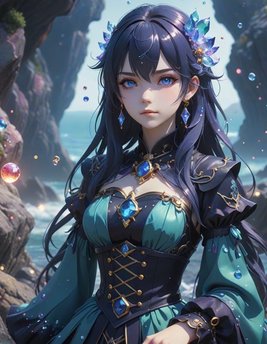 Anime Sea Witch on Rocky Shore in 3D