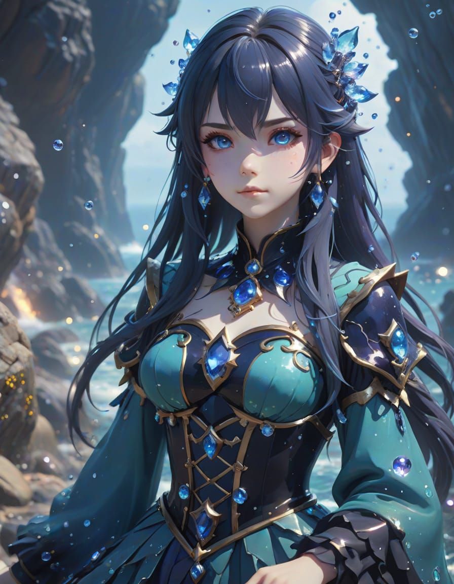 Anime Sea Witch on Rocky Shore in Oil Painting Style