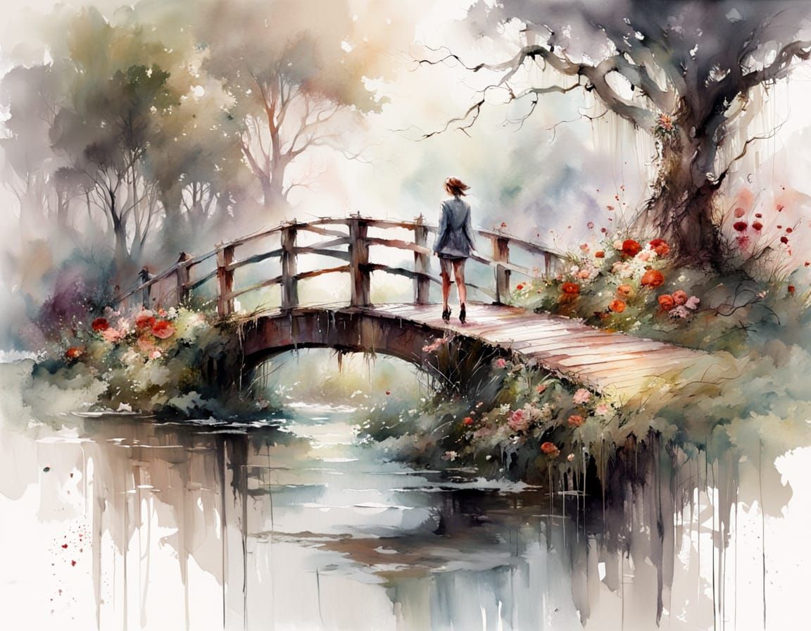 Mossy Wooden Bridge Amongst Old Oaks and Roses