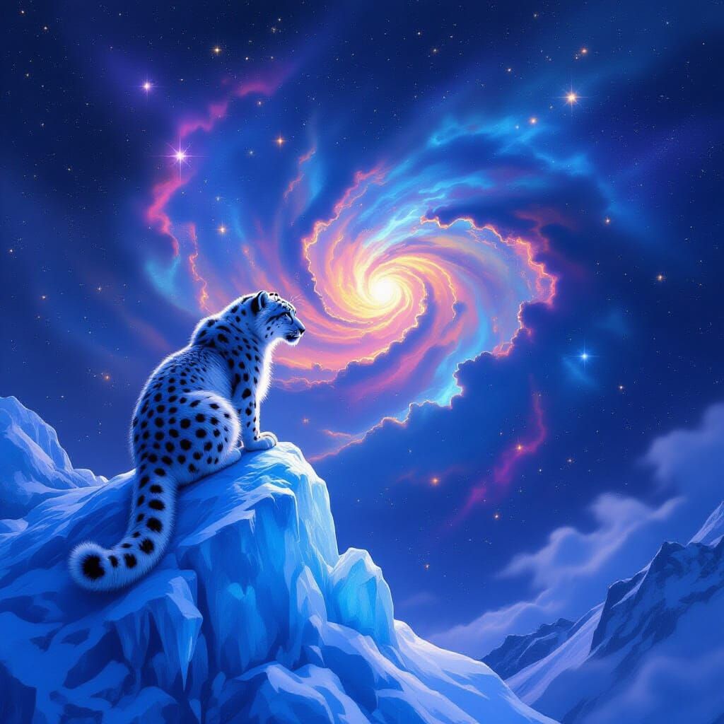 Snow Leopard on Ice Spire Under Nebula Sky