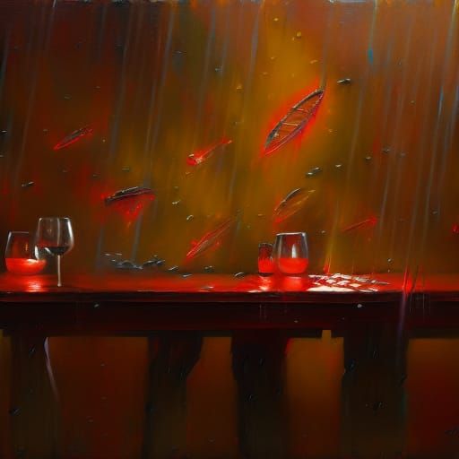 Weightless Dinner in Red Light, Oil Painting Style