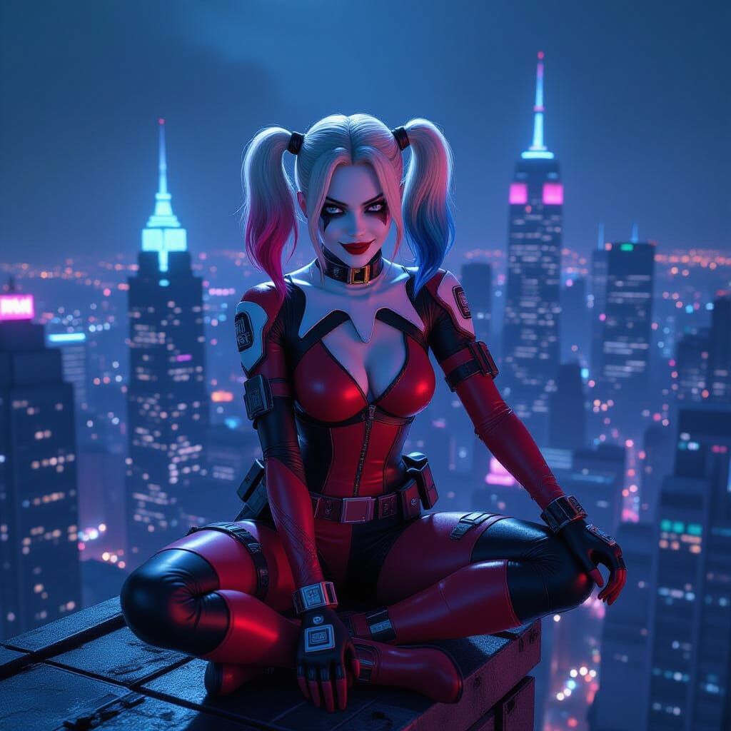 Harley Quinn in Cyberpunk Gotham, 3D Anime Style