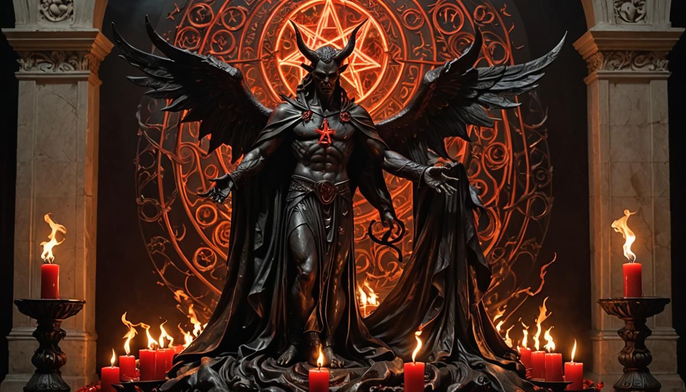 Lucifer Statue at Pentagram Altar in Abstract Art