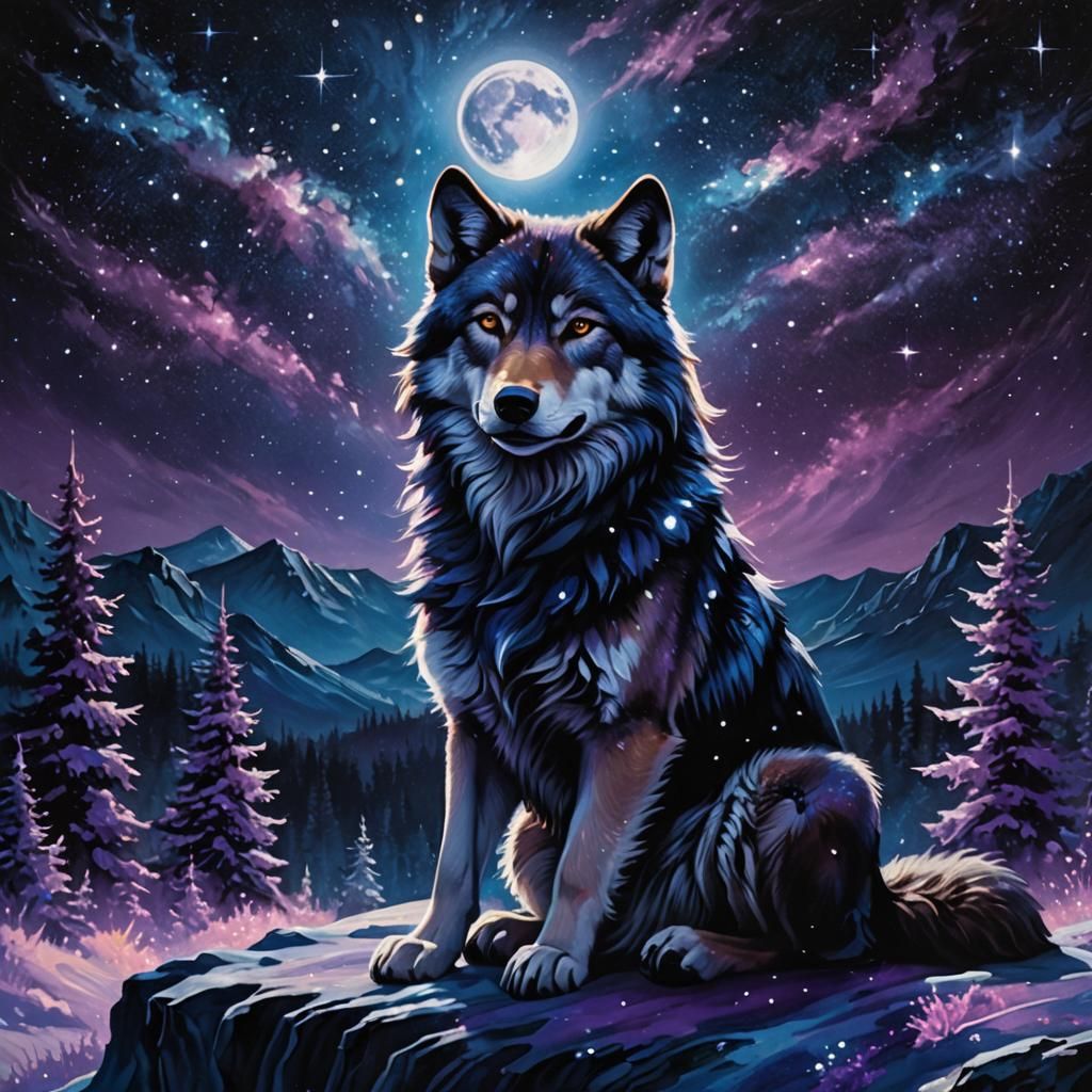 Wolf in Starry Night Landscape as Oil Painting