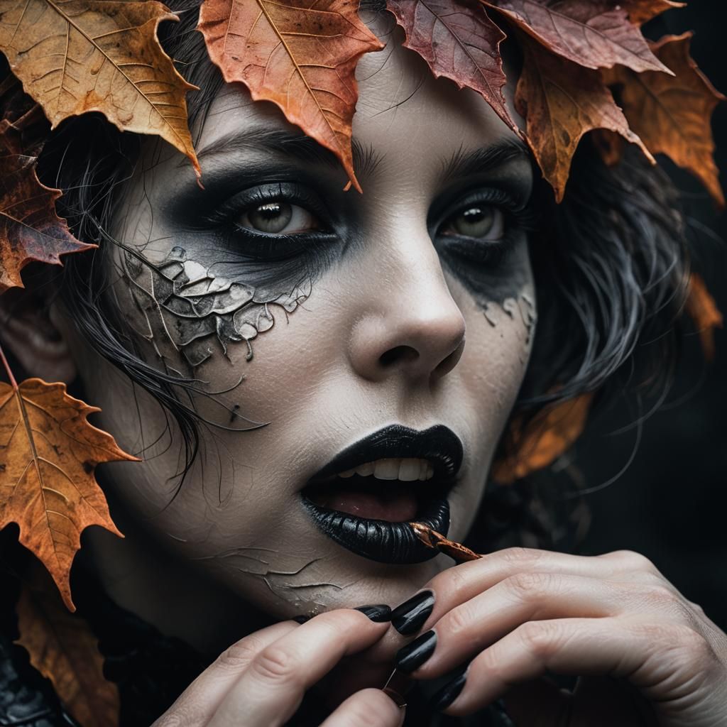 Eerie Close-Up: Woman Licking Autumn Leaf