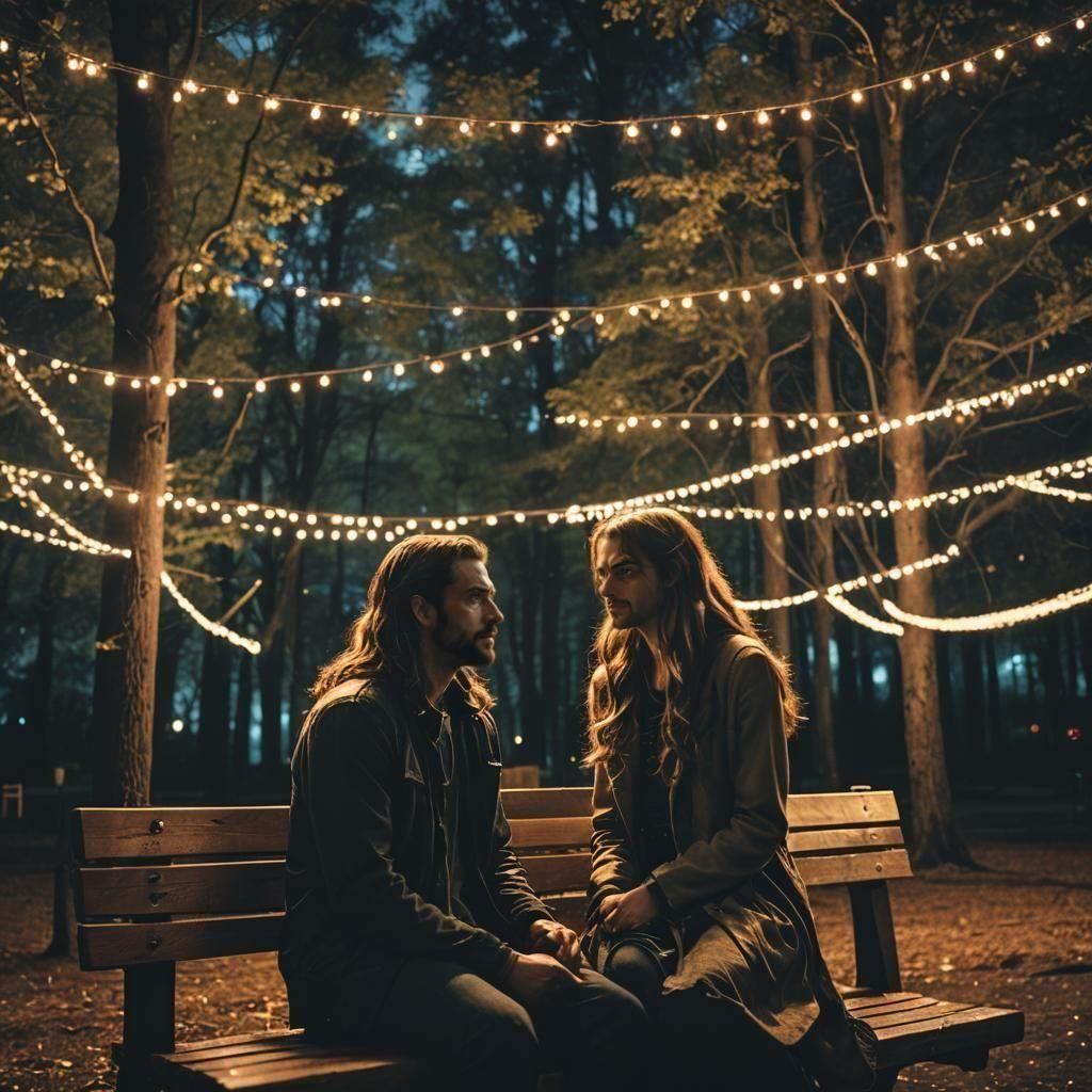 Silhouettes Under Party Lights in Dark Forest