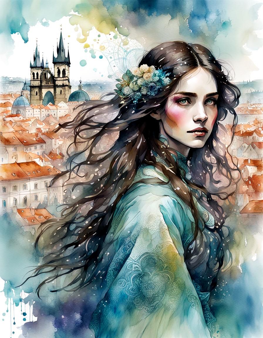 Watercolor Woman in Prague: Digital Splash Art