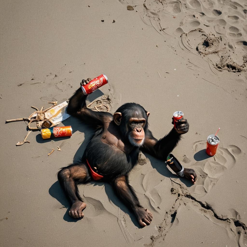 Chimpanzee Sunbathing on Beach with Soda