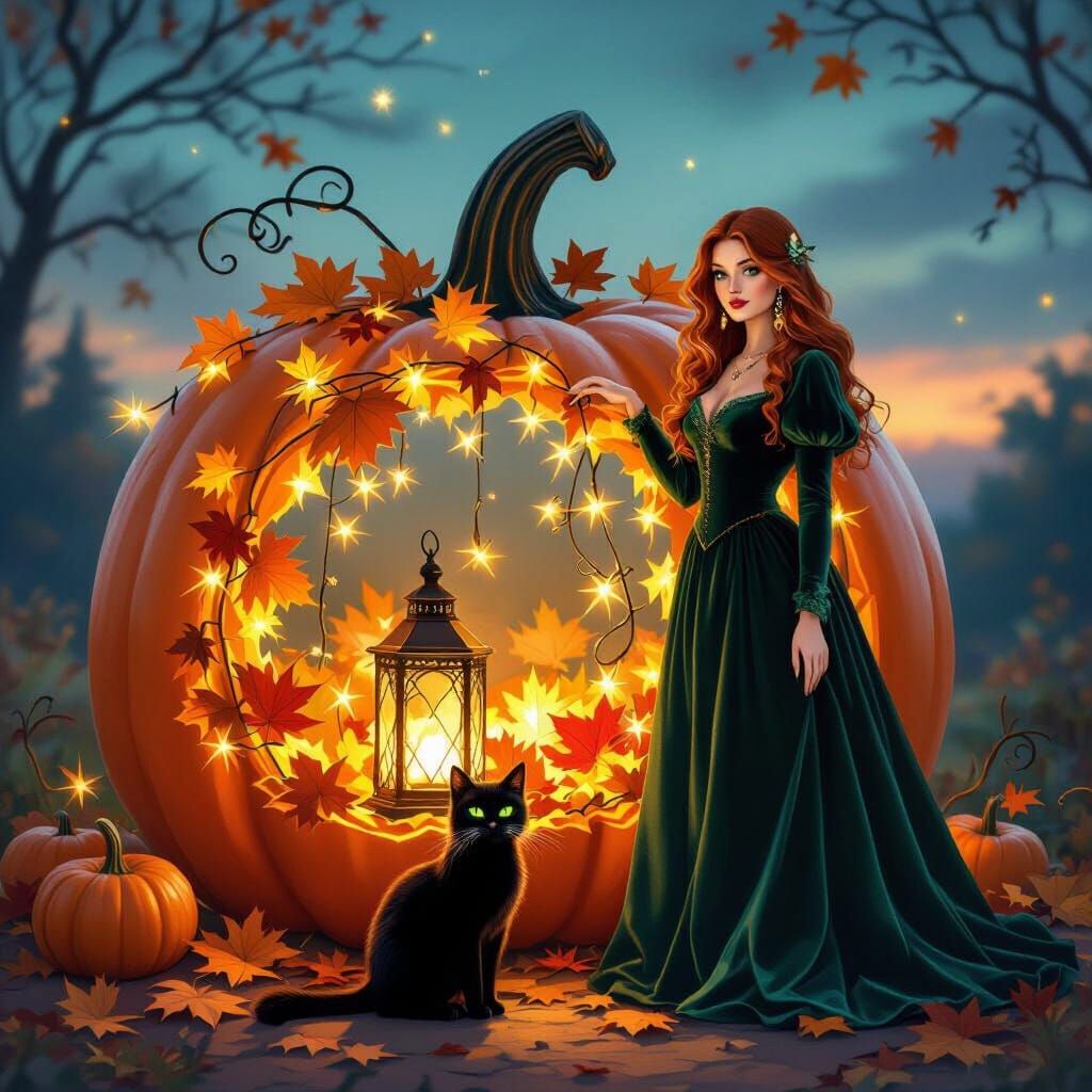 Enchanting Glass Pumpkin Scene with Good Witch and Black Cat
