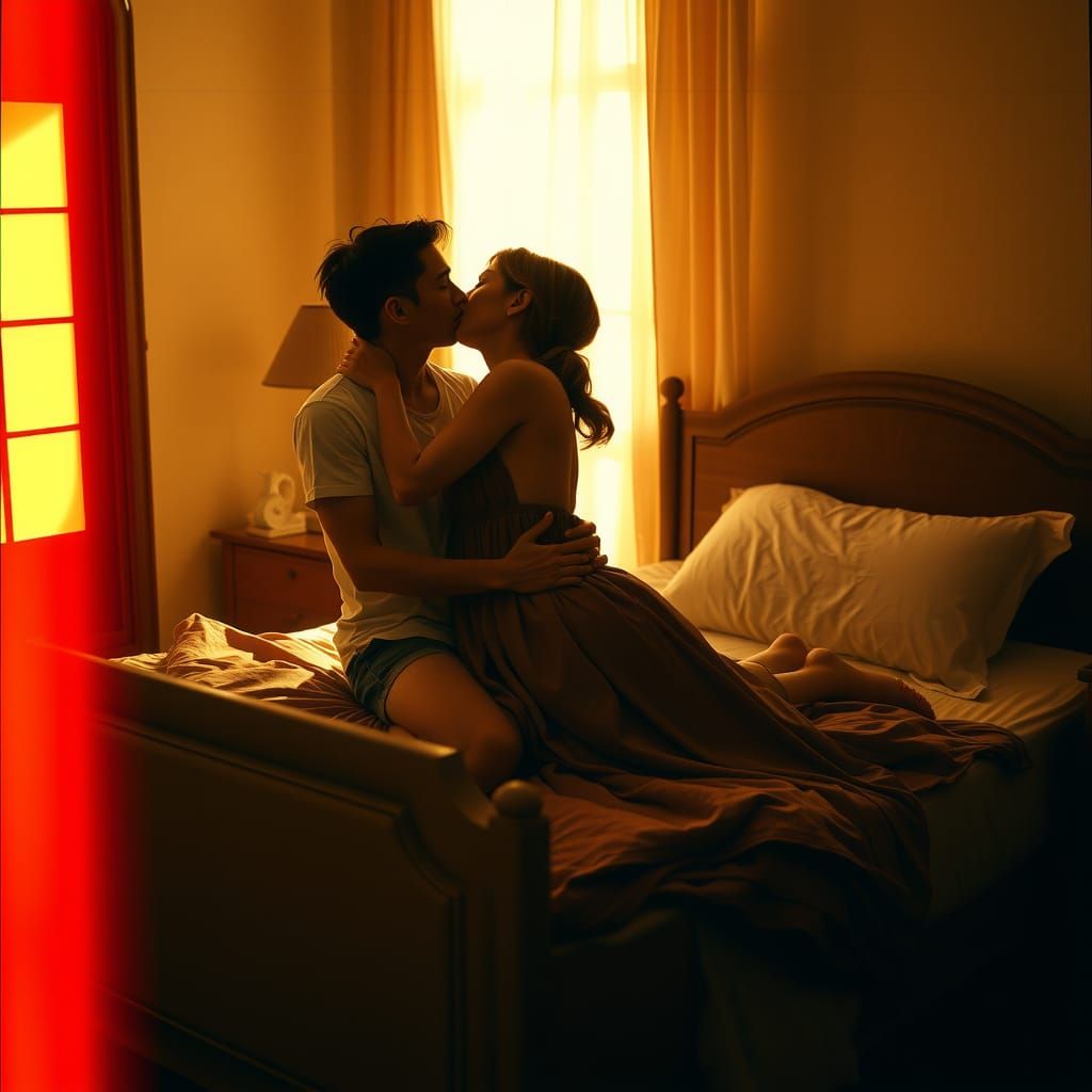 Romantic Kiss in Golden Cinematic Light