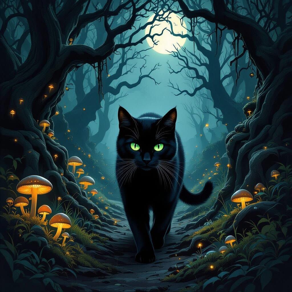 Black Cat in Enchanted Forest Moonlight