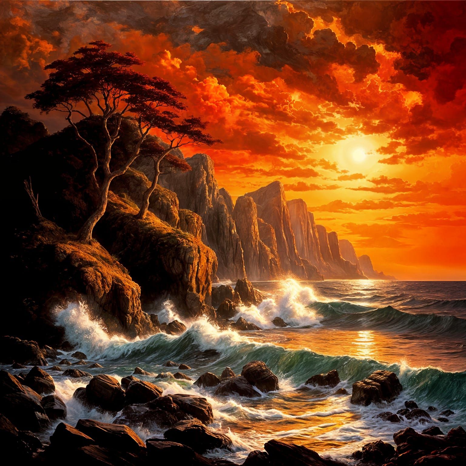 Dramatic Sunset Seascape Oil Painting with Golden Sun and Fi...