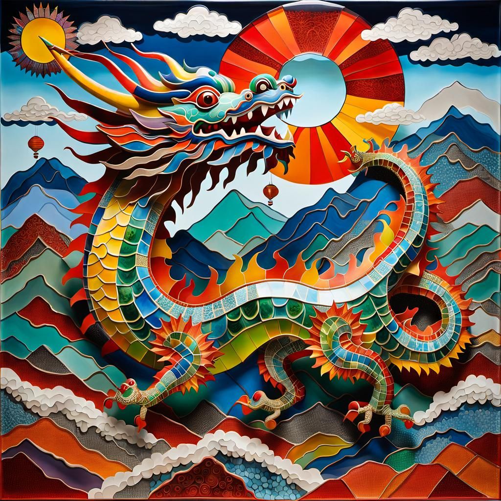 a large Chinese dragon kite soars high in the sky on the mountains )))