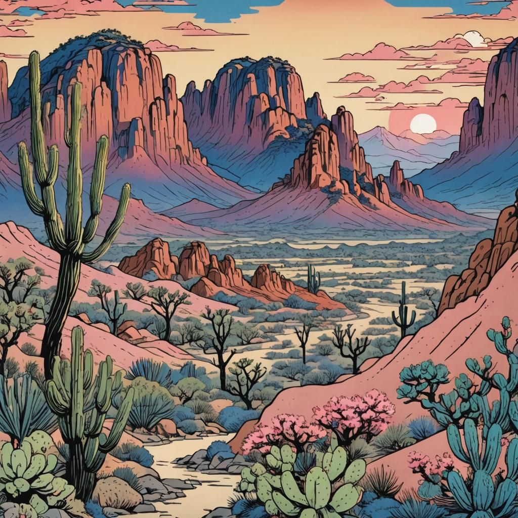 Arizona Sunset in Ukiyo-e Japanese Woodblock Style