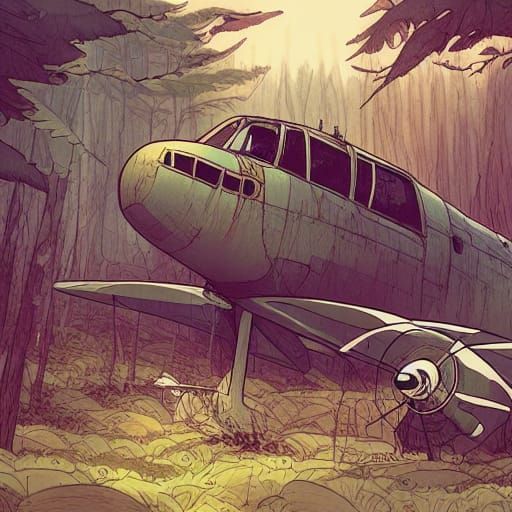 Cozy Forest: Abandoned WWI Plane, Fantasy Art
