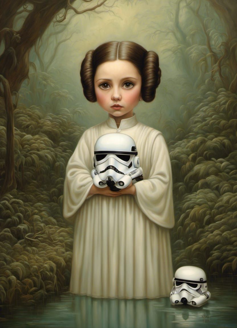 Princess Leia holding a tiny stormtrooper