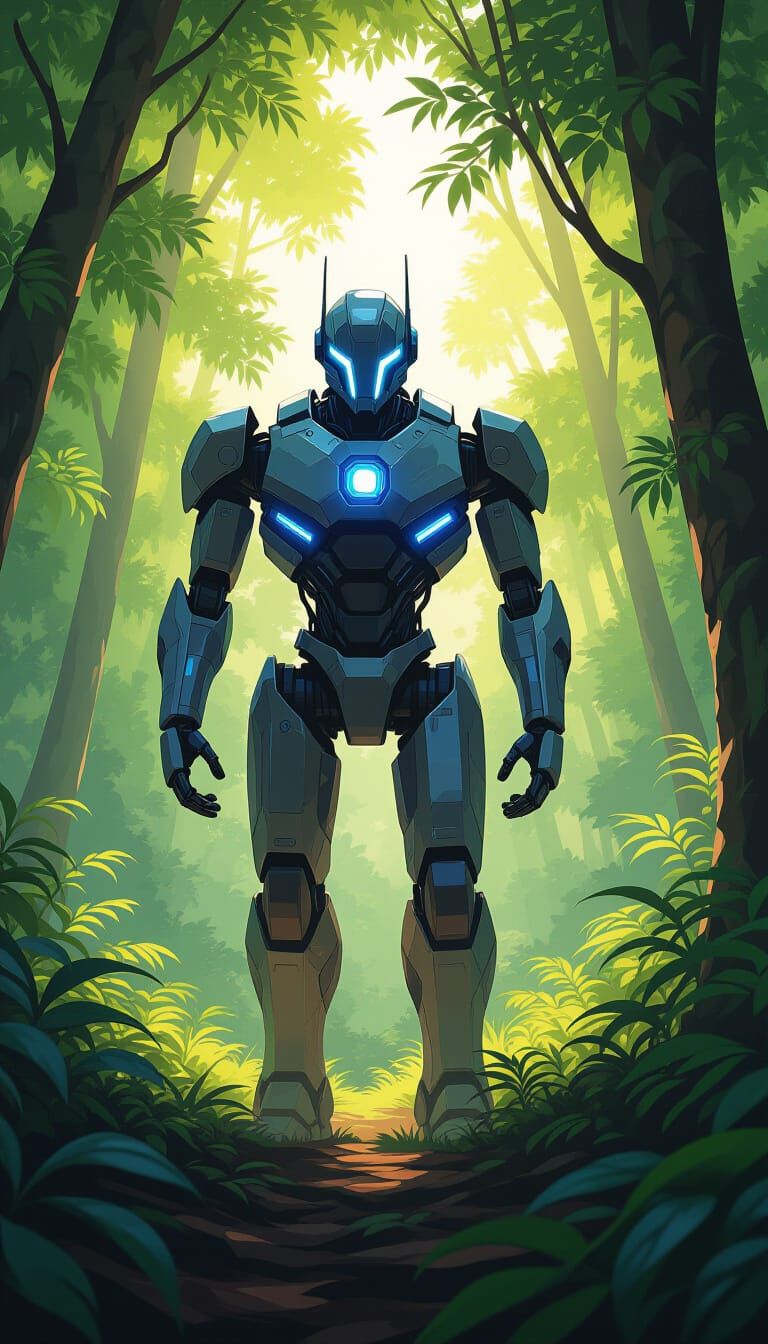 Futuristic Robot in Lush Forest Oil Painting