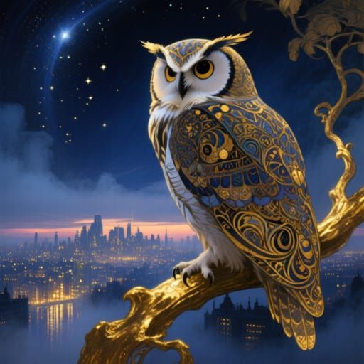 Art Nouveau Owl Over City at Dusk