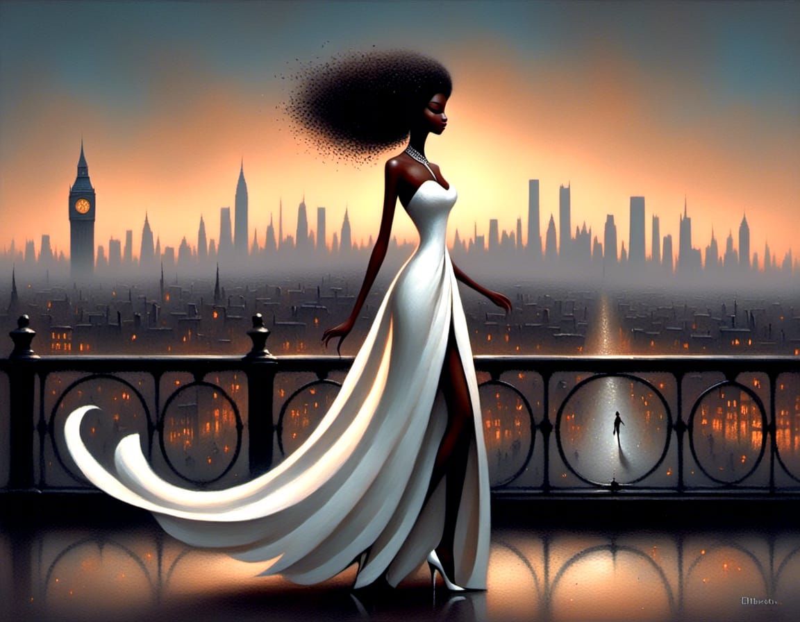 Giant Woman in London at Twilight: 3D Render