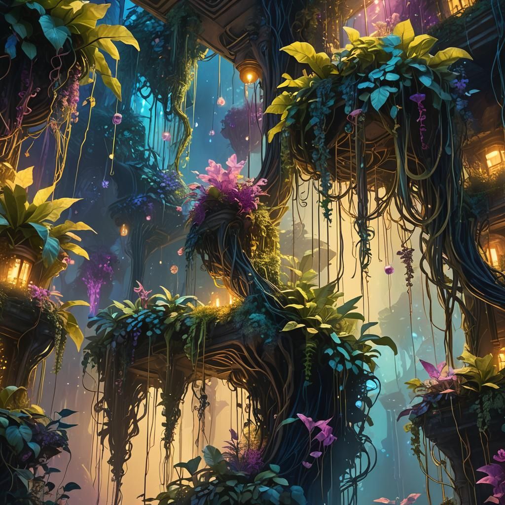 Bioluminescent Hanging Gardens of Babylon: Fantasy Concept A...