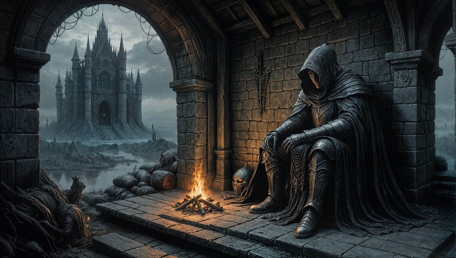 Gothic Knight Resting by Hut in Dark Souls Style