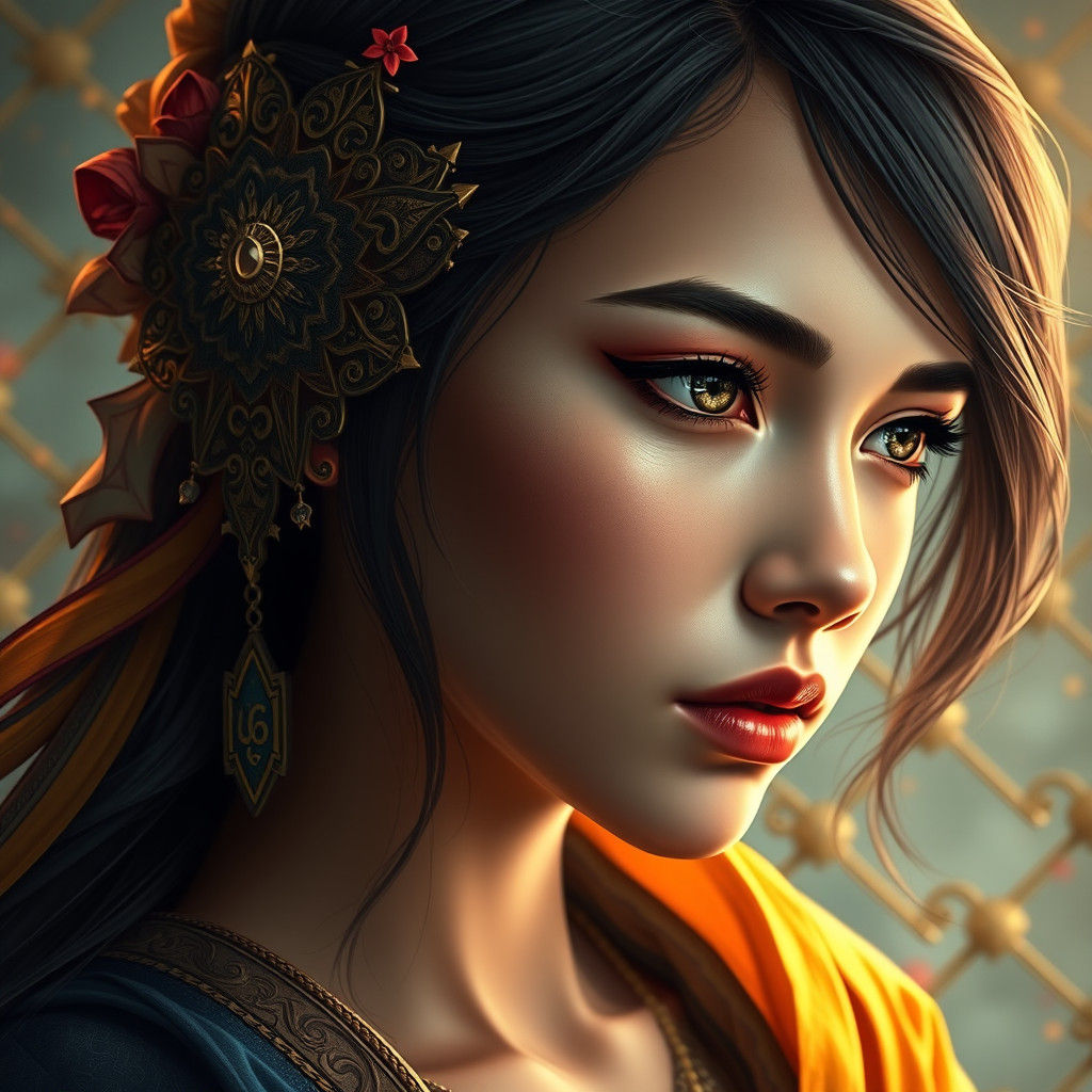Emotional Woman Portrait in Ornate Art Nouveau Style