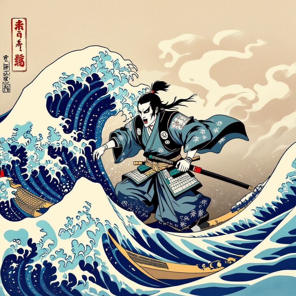 Ukiyo-e Ghost Samurai Emerging From Tidal Wave