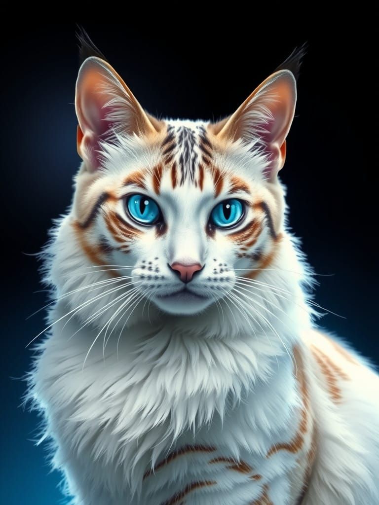 Majestic White Cat with Dark Tiger Stripes in Eerie Blue Lig...