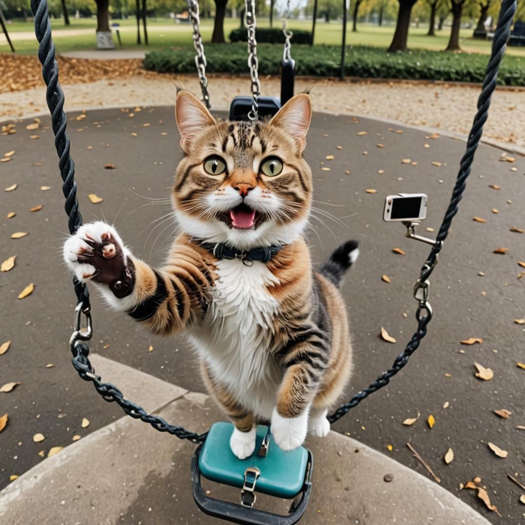 Cute Cat Selfie in a Park with Swings
