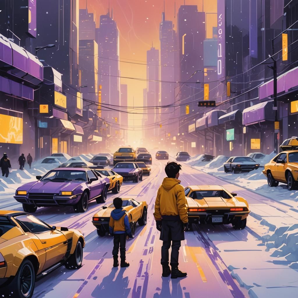 Boy on Snowy Road with Futuristic Cars