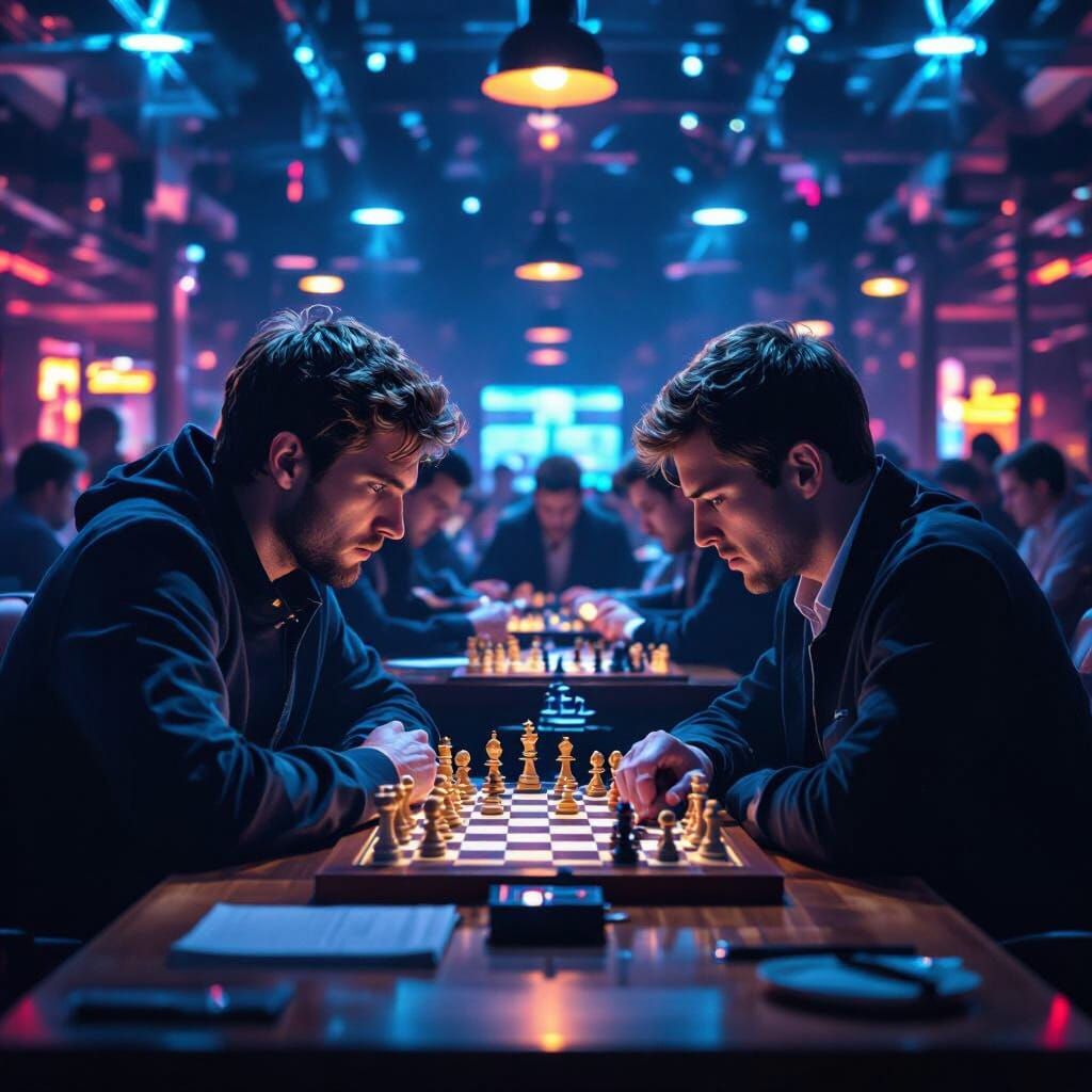 Chess Titans in a Futuristic Tournament Hall