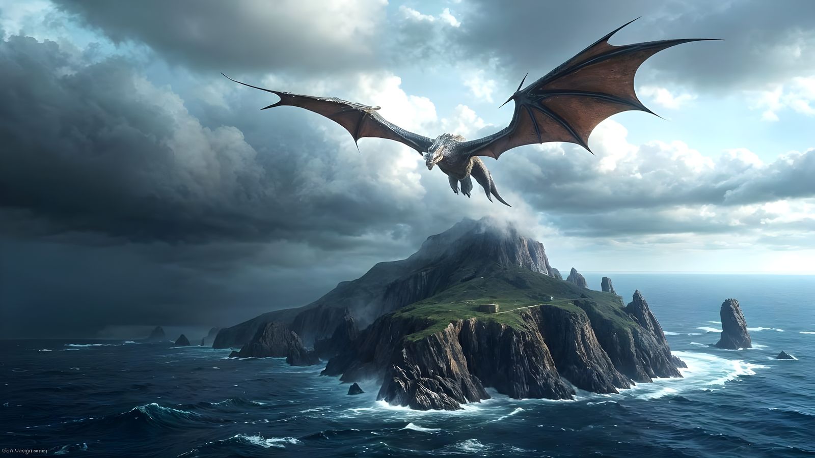 Dragon Soaring Above Stormy Island, Fantasy Art