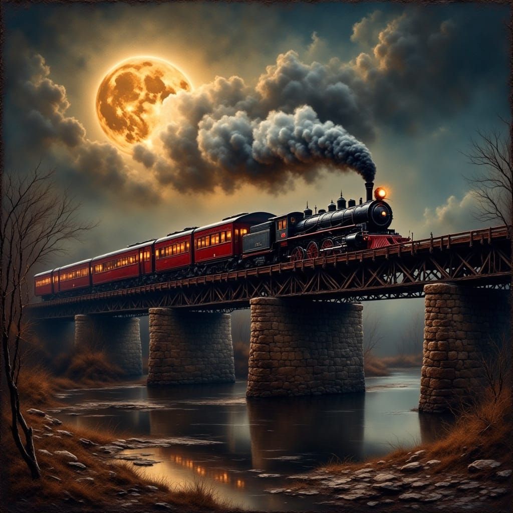 Vintage Train Under Moonlight as Oil Painting