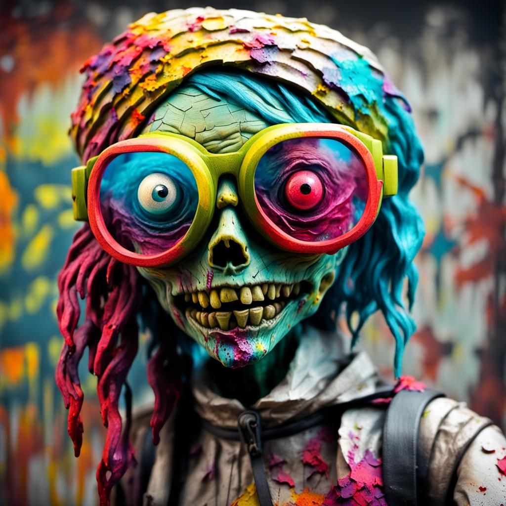 Colorful Zombie Girl Sculpture in Graffiti Art Style