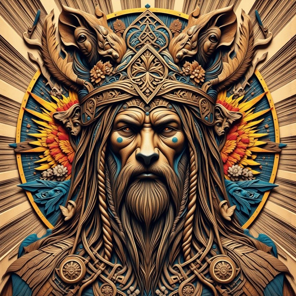 Norse Berserker in Whirling Chaos Wood Carving