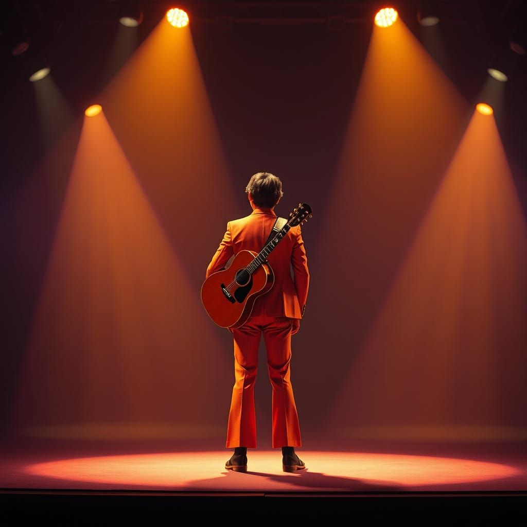 Musician Awaits Cue on Empty Stage in Nostalgic Ambiance