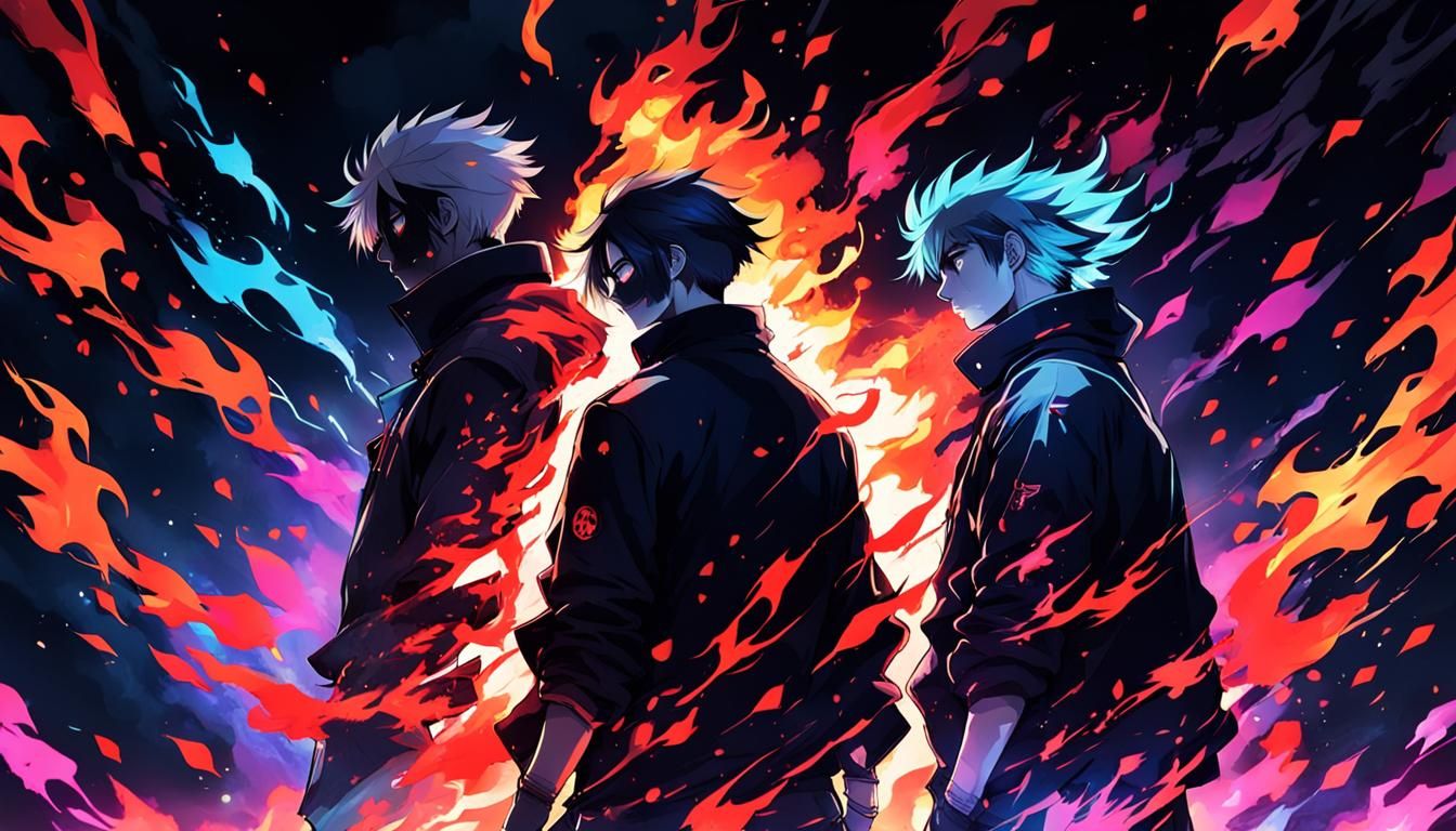 Anime Figures with Neon Fire