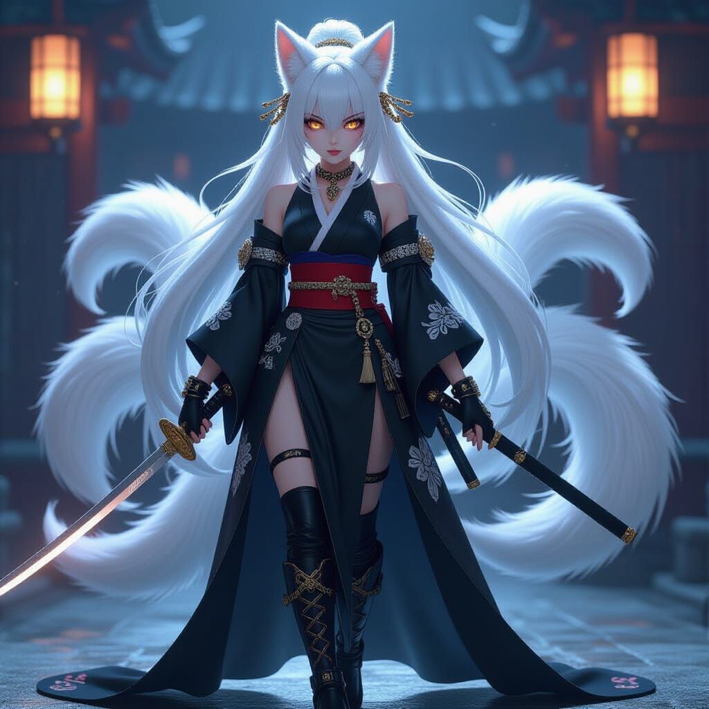 Anime Admiral with Kitsune Ears and Katana in Cyberpunk Fant...