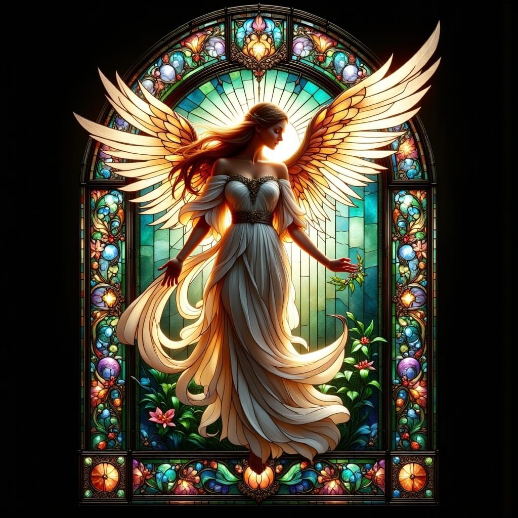 Ornate Stained Glass Angel in Art Nouveau Style