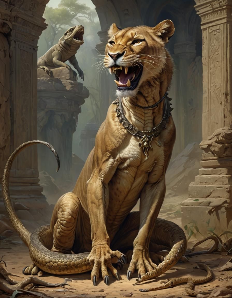 Fearsome Smiling Chimera of Lioness, Lizard, Cobra, Scorpion