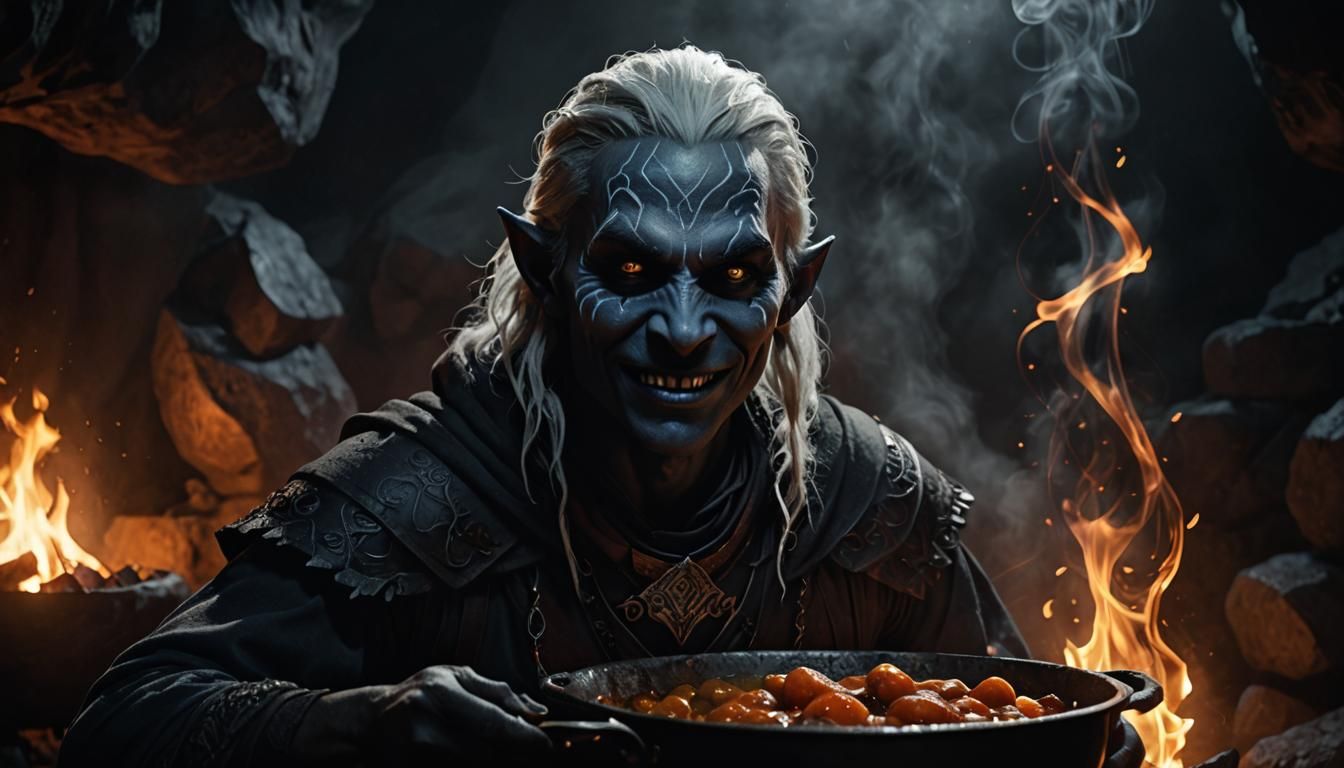 Sinister Drow Chef in Dark Fantasy Cave