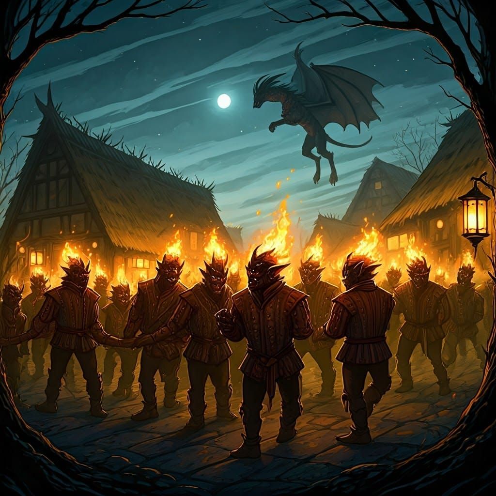Medieval Fire Demons Celebrate in a Misty Village