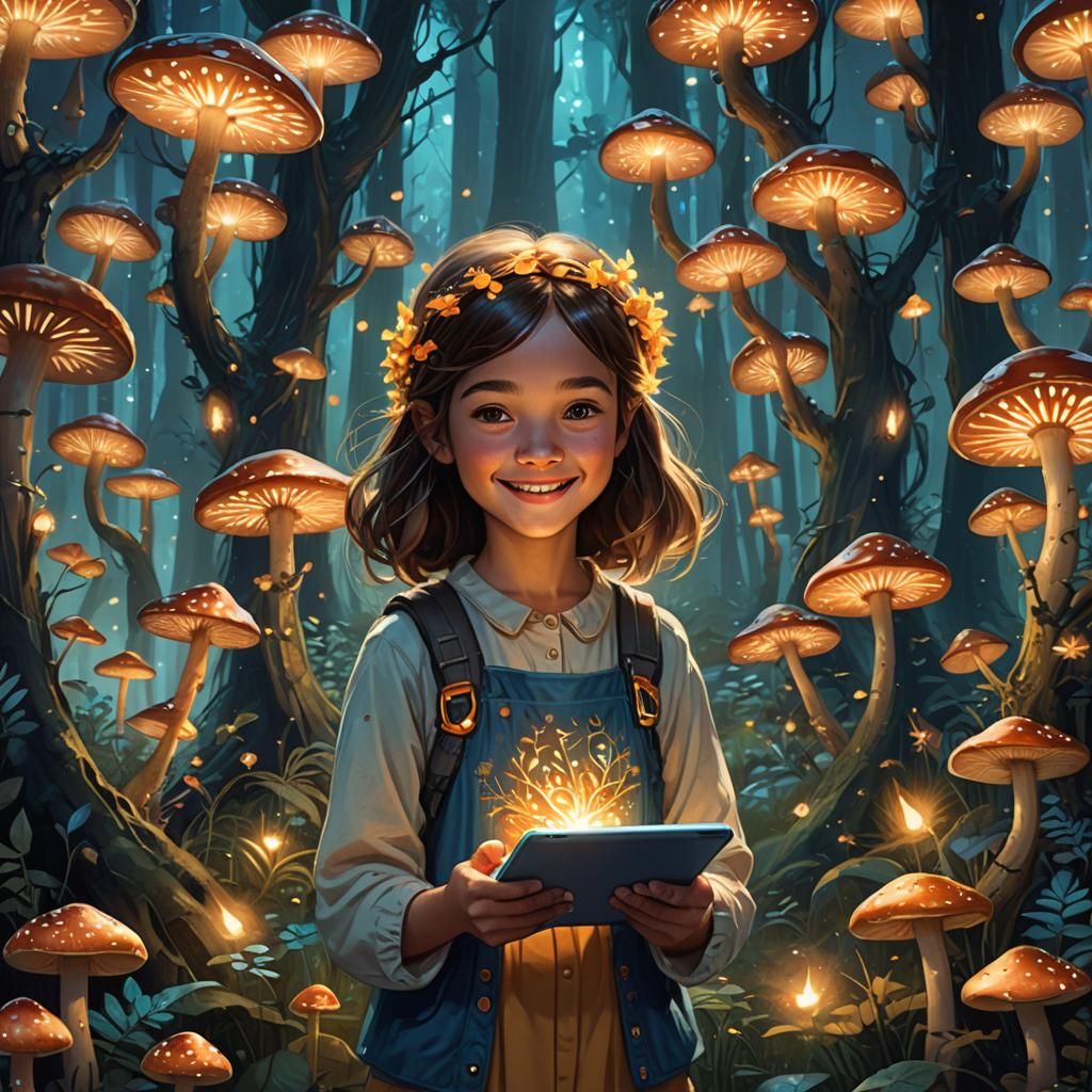Girl with iPad in Whimsical Glowing Forest