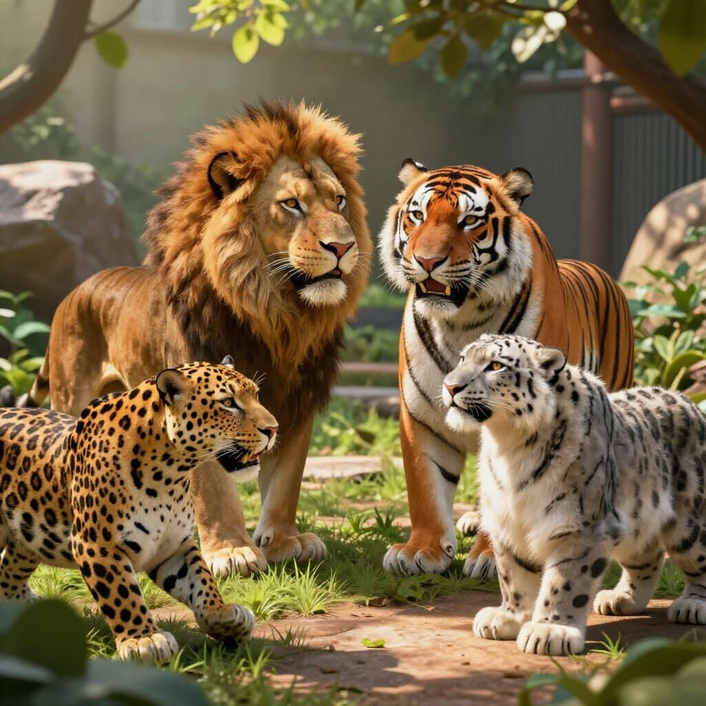 Majestic Big Cats Play in Lush Enclosure, 3D Render Style