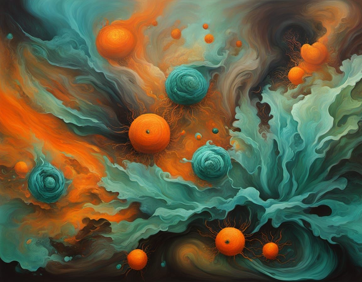 Abstract Surrealism Painting of Orange and Turquoise Vegetab...